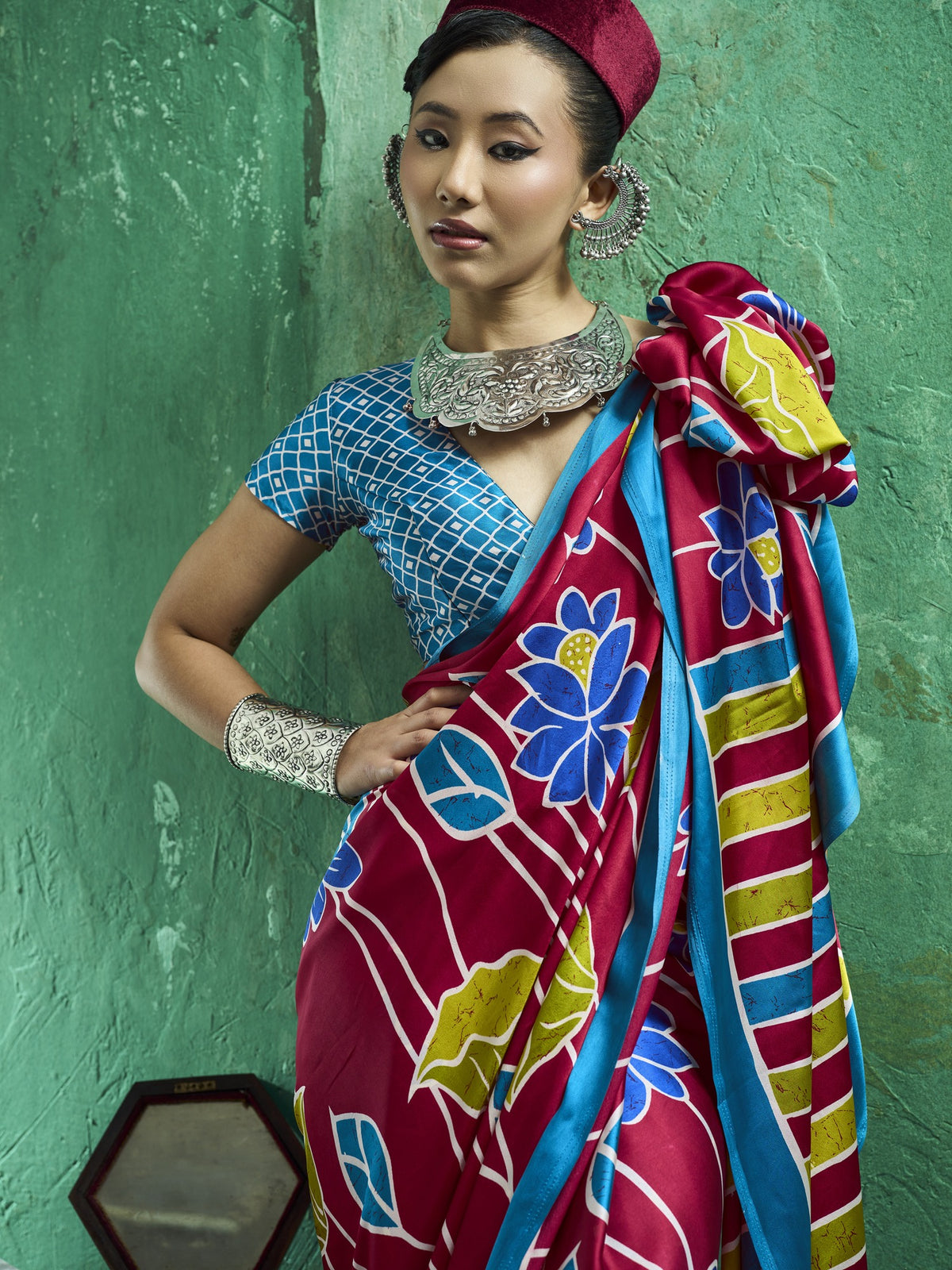 Maroon satin saree view 1