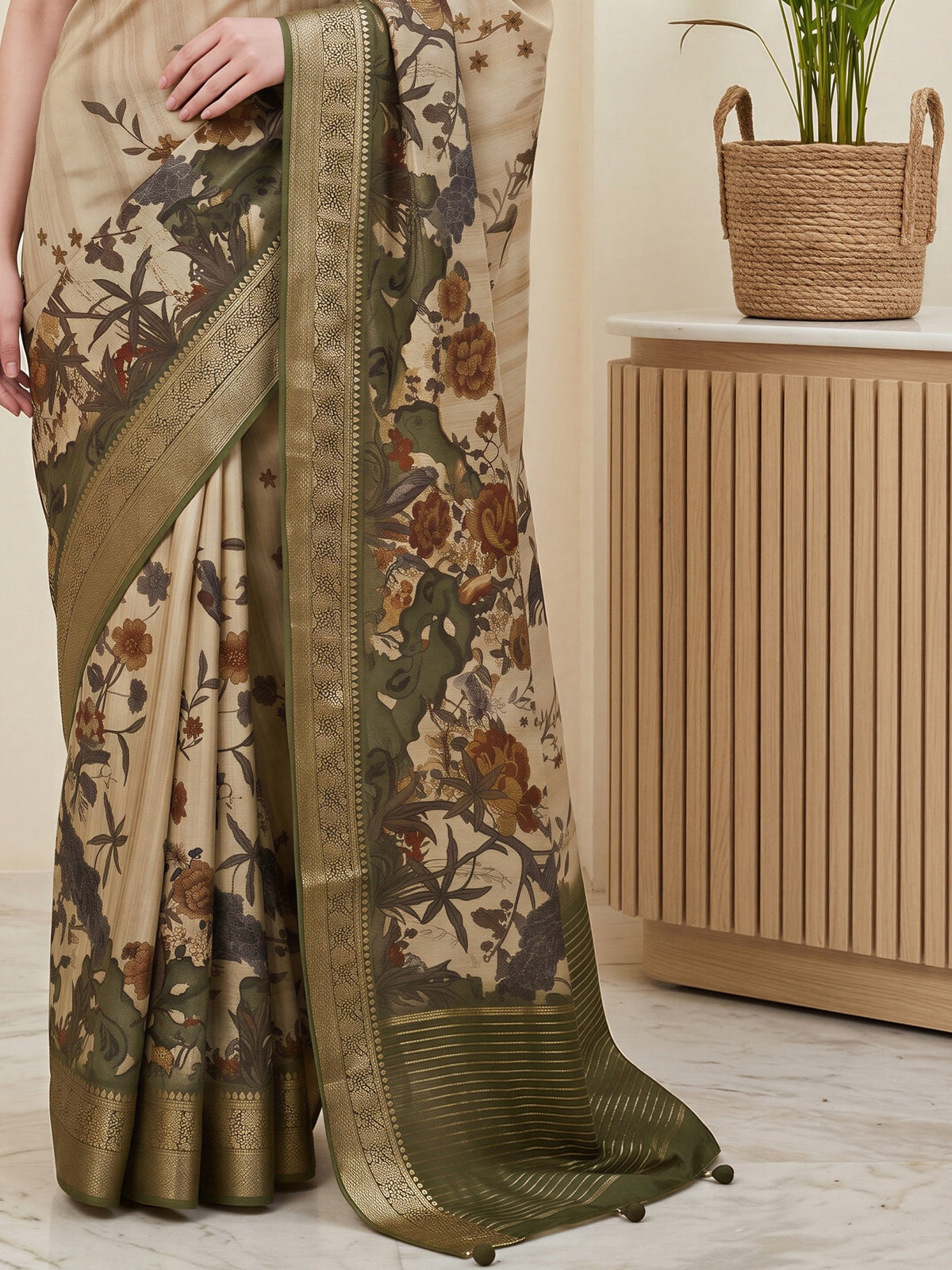 Pallu detail of beige viscose silk saree showing botanical floral and leaf design and zari border