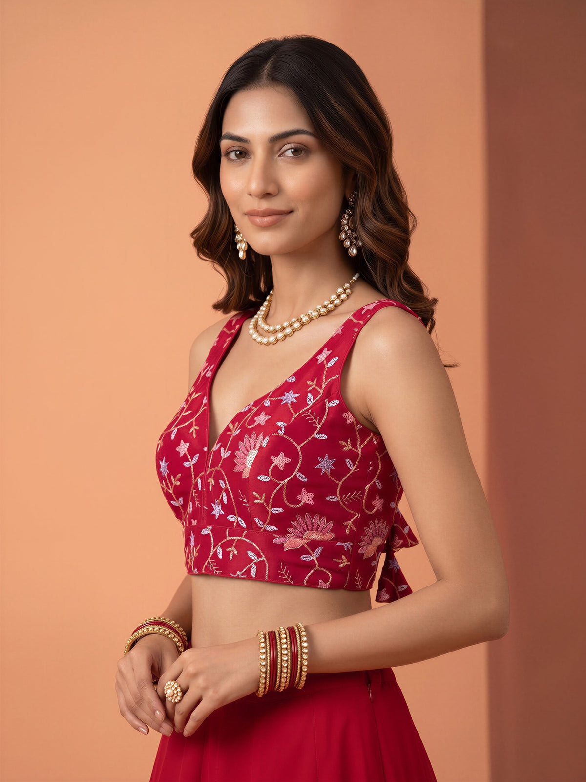Pink sequin embellished satin sleeveless readymade saree blouse with deep v neck view 2