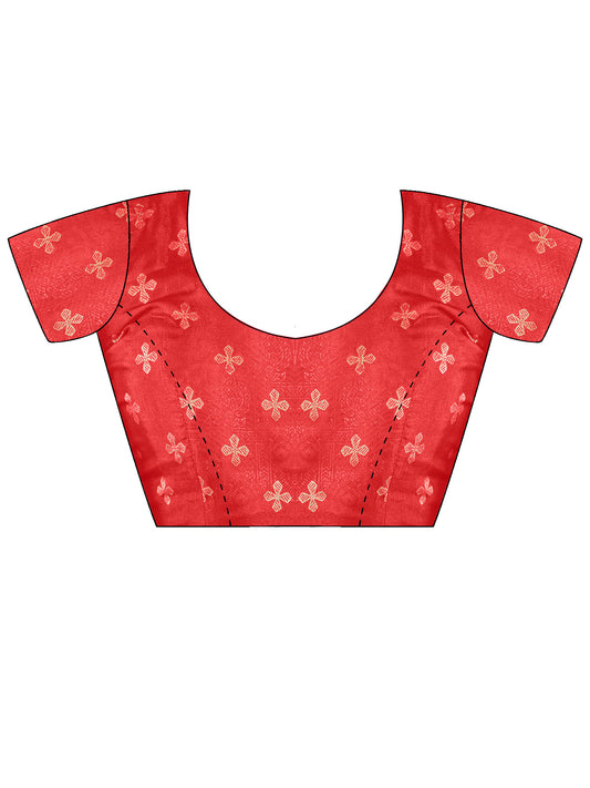 Unstitched red cotton blend blouse piece with foil design