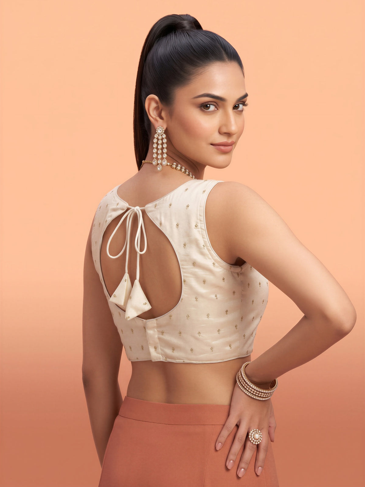 White sequin embellished silk blend sleeveless readymade saree blouse with round neck view 1