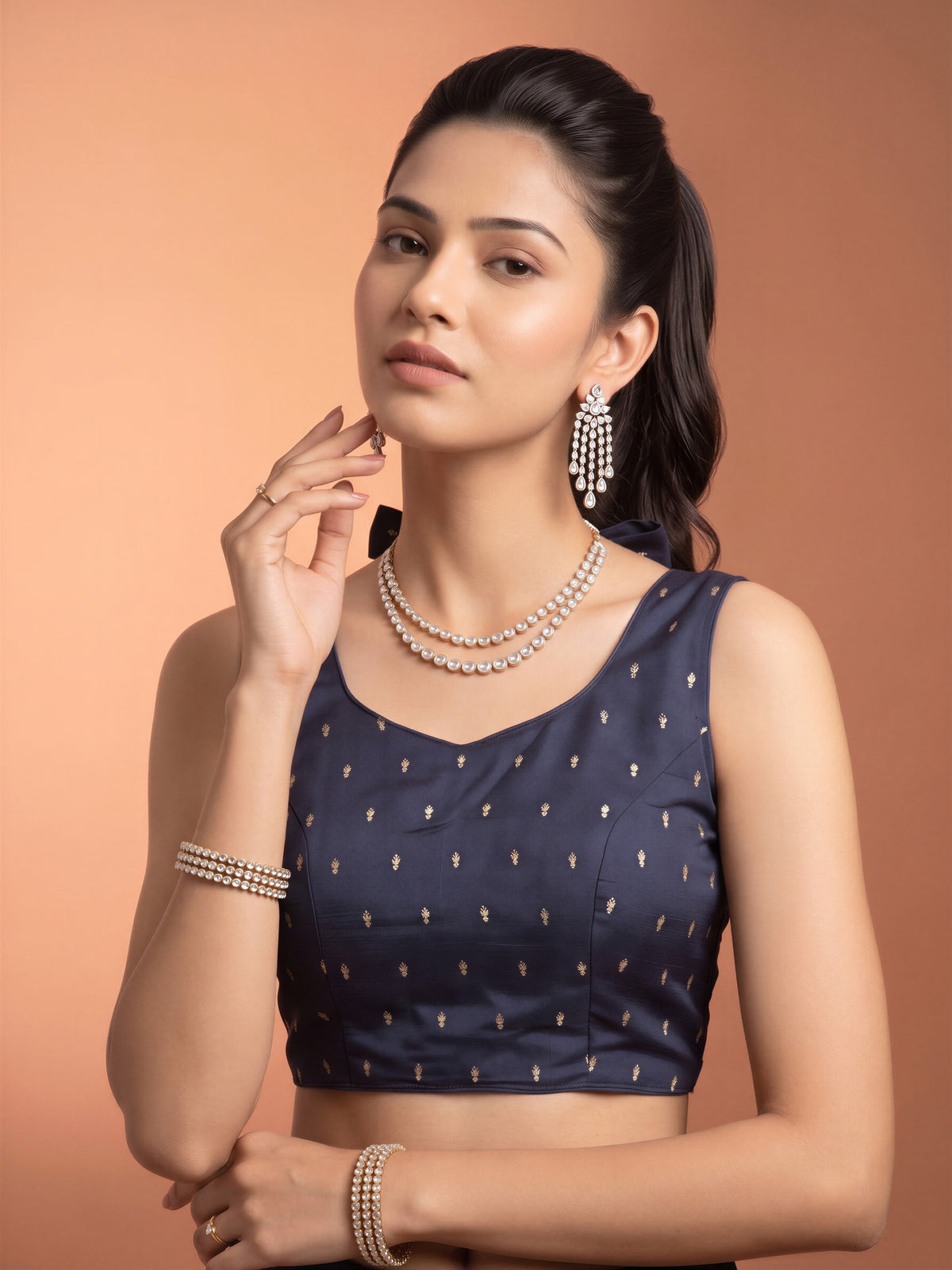 Navy Blue sequin embellished silk blend sleeveless readymade saree blouse with round neck view 3