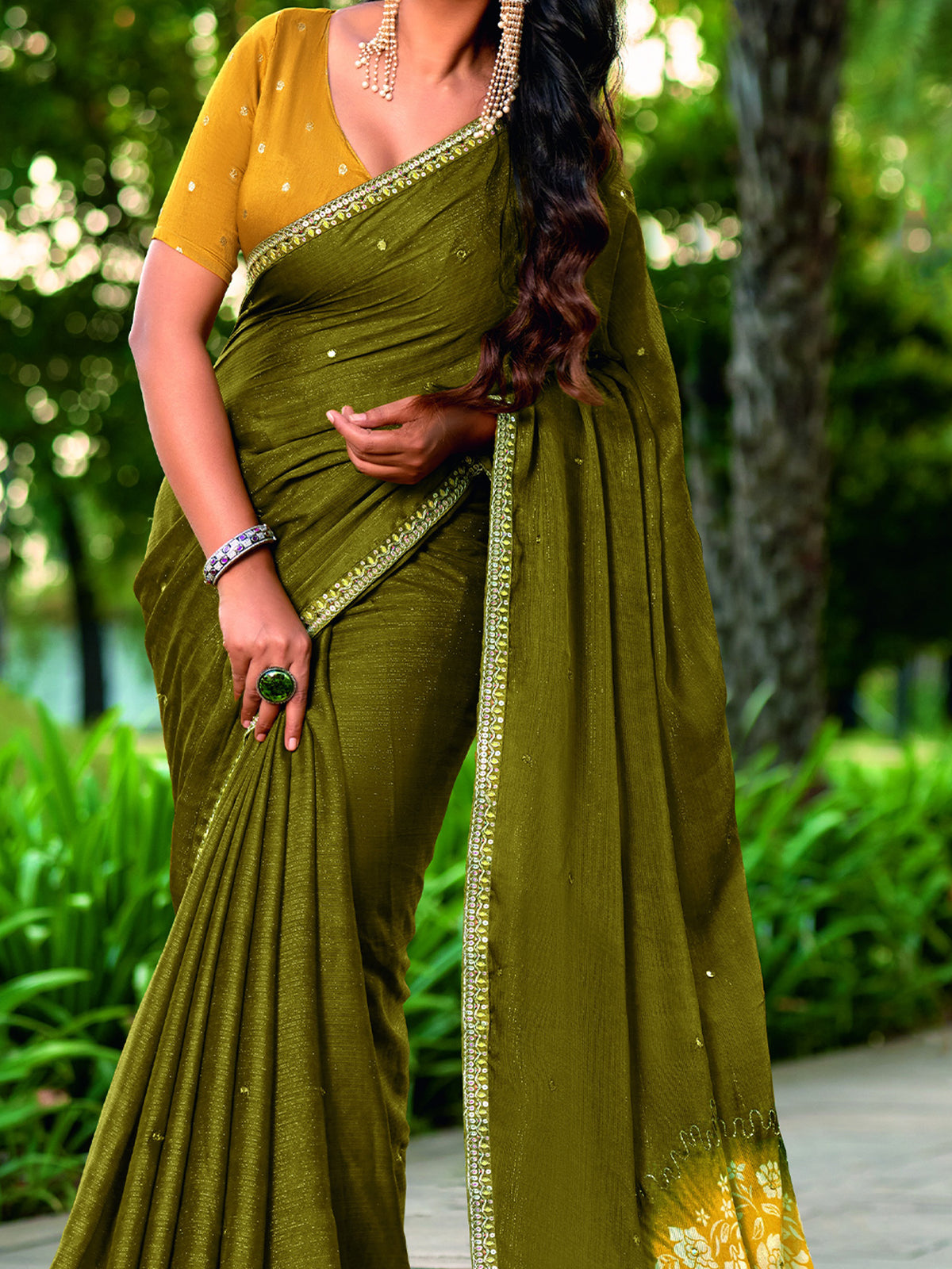 Olive chiffon saree view 3