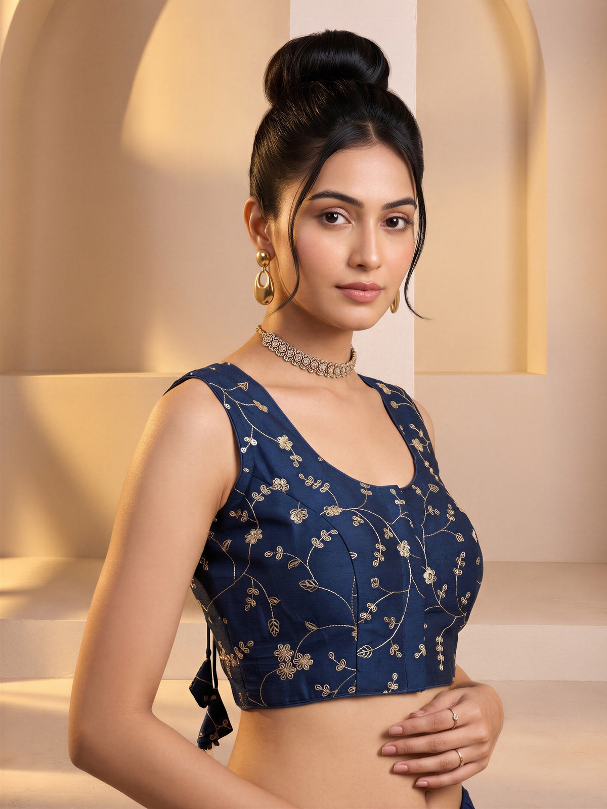 Teal Blue sequin embroidered vichitra silk sleeveless readymade saree blouse with round neck