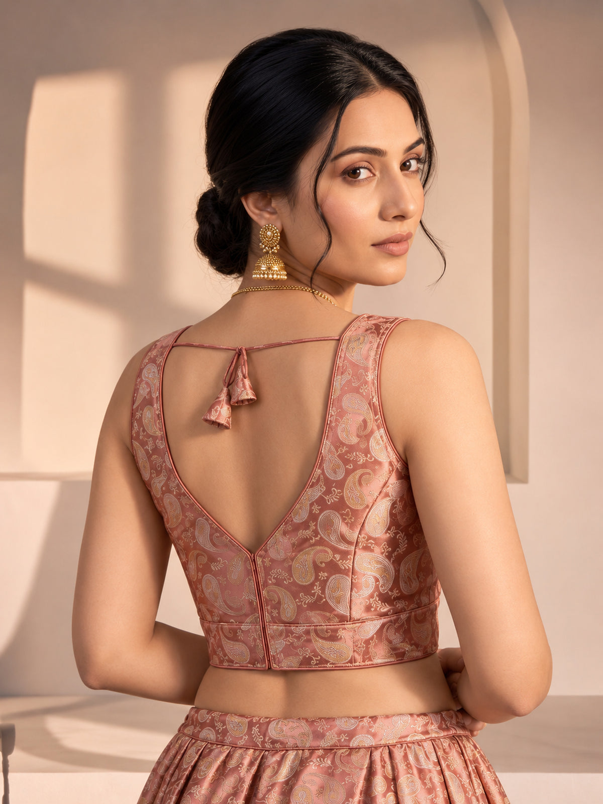 Peach woven brocade silk blend sleeveless readymade saree blouse with v neck view 4