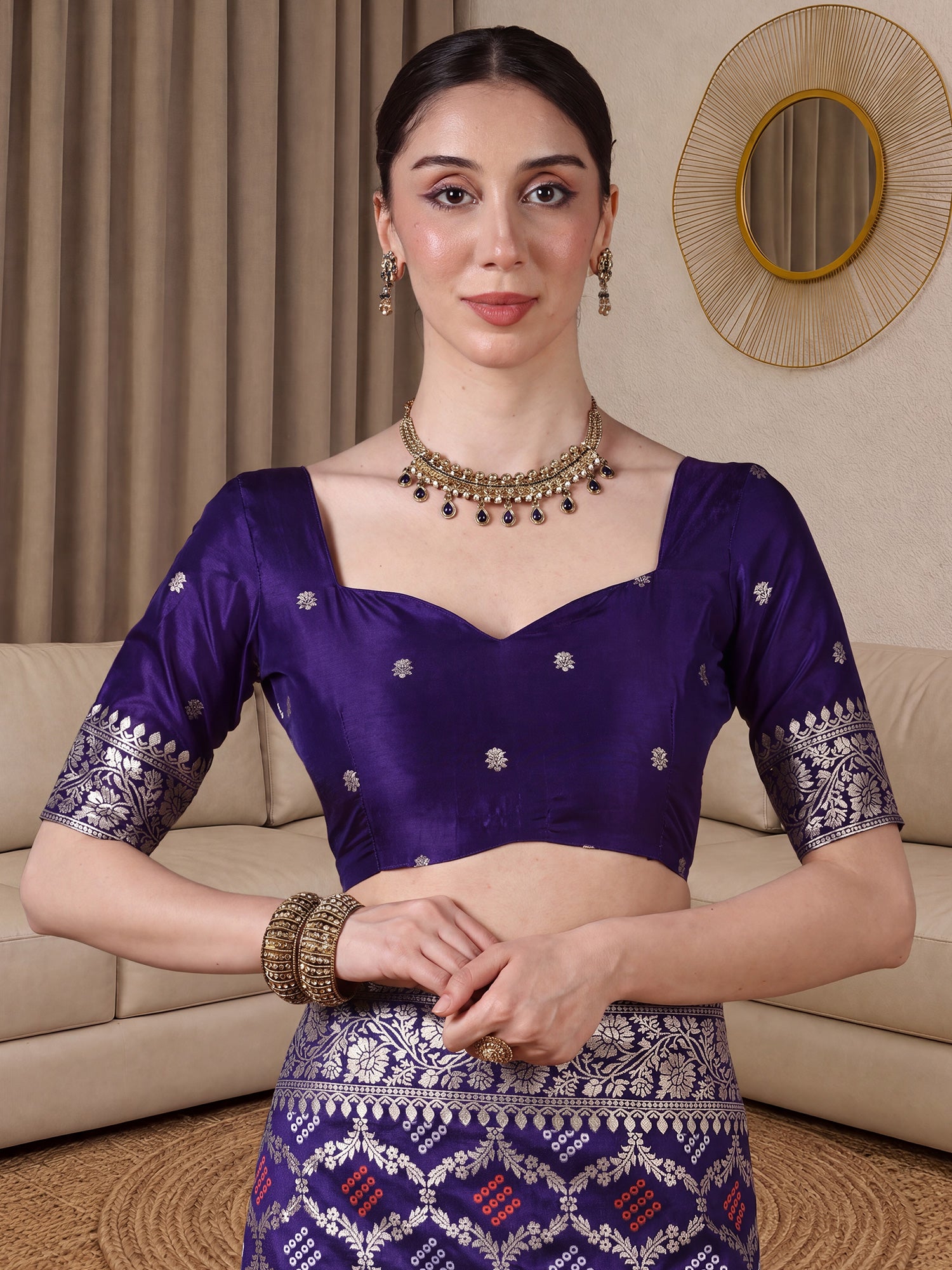 Unstitched purple dola silk blouse piece with woven design design