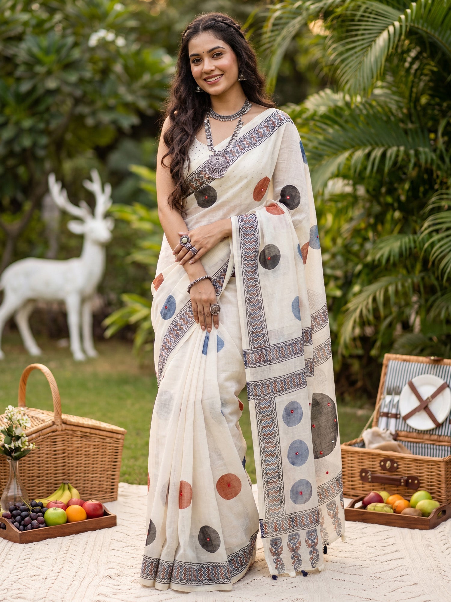 Woman wearing off white linen saree with traditional indian motif work and off white blouse