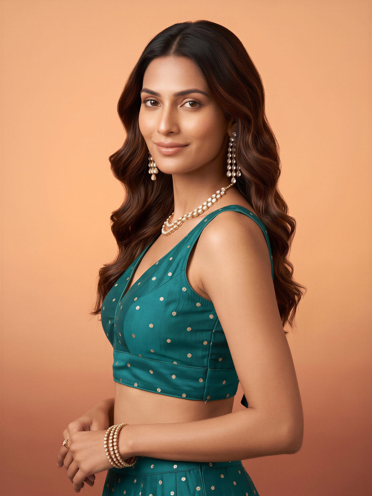 Teal Blue sequin embellished silk blend sleeveless readymade saree blouse with v neck view 2