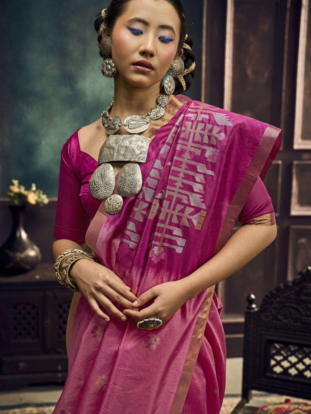 Pink silk blend saree view 1