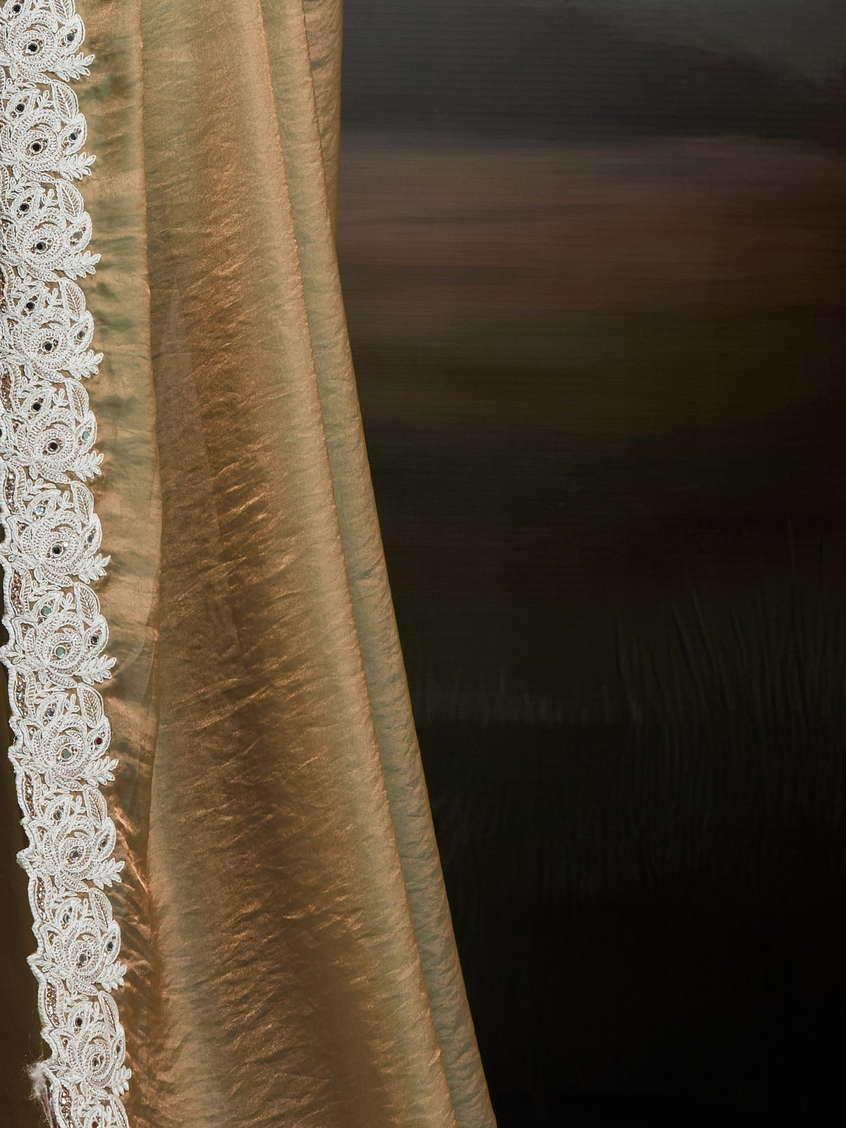 Pallu detail of beige satin silk saree showing clean solid-tone finish and scallop border