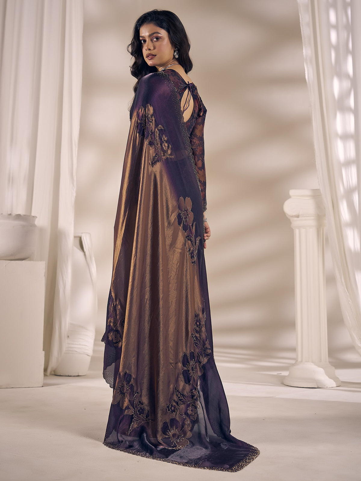 Purple satin silk saree view 2
