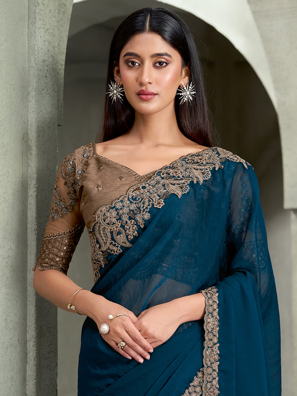 Teal Blue Georgette saree – detail view 2
