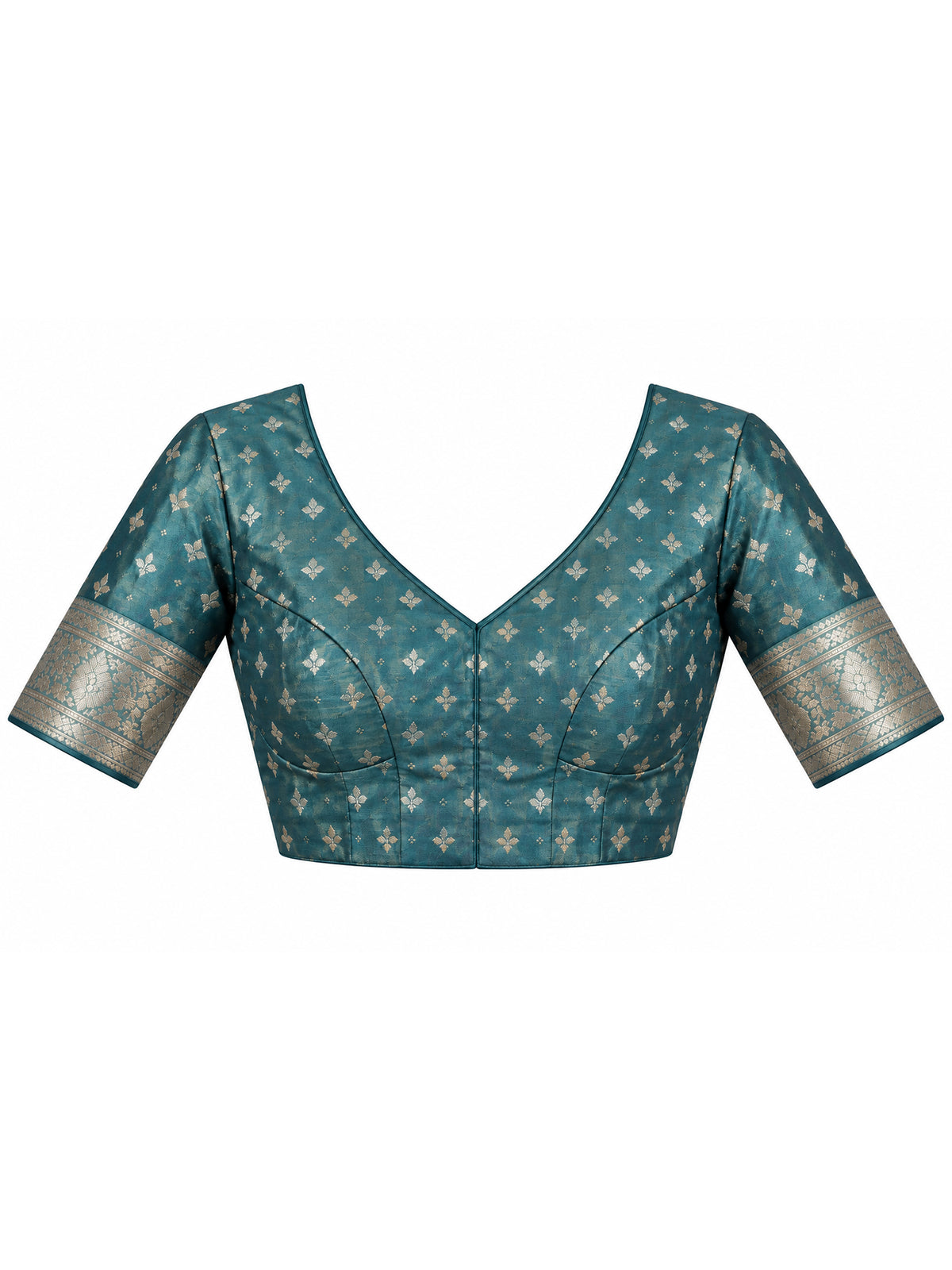 Unstitched teal blue  blouse piece with woven design design