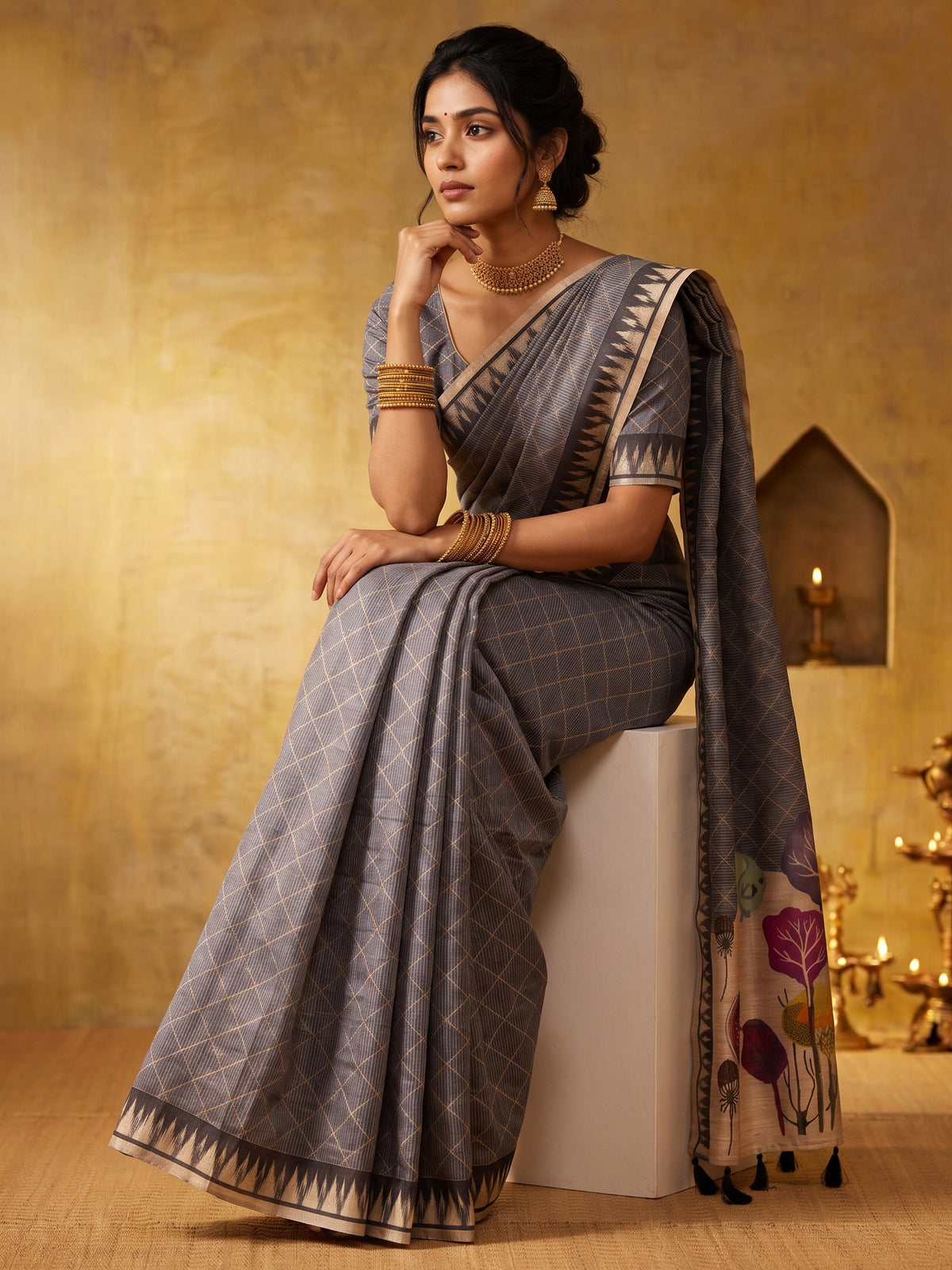 Grey soft silk saree view 2