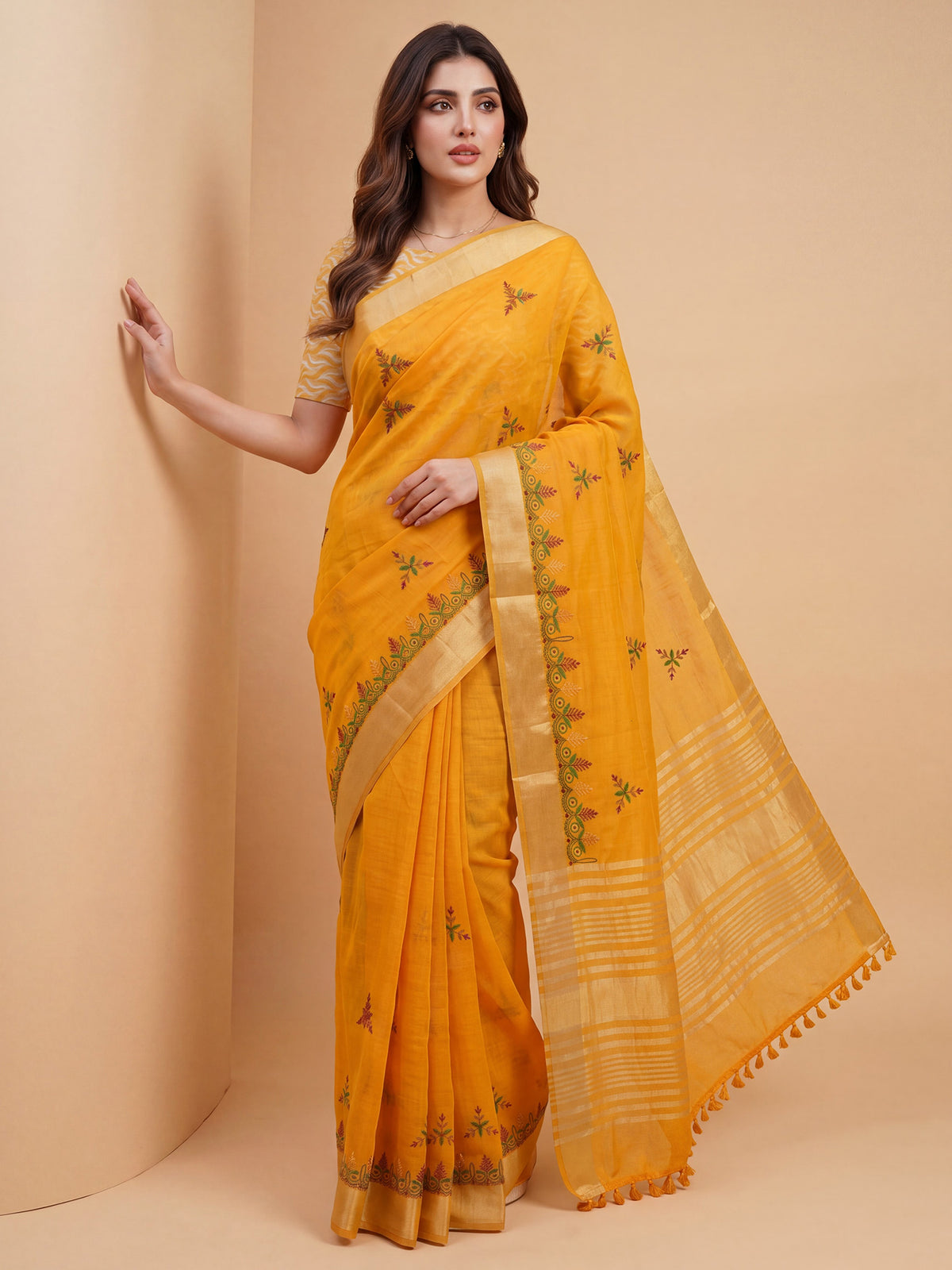 Mustard Cotton Linen saree – detail view 3
