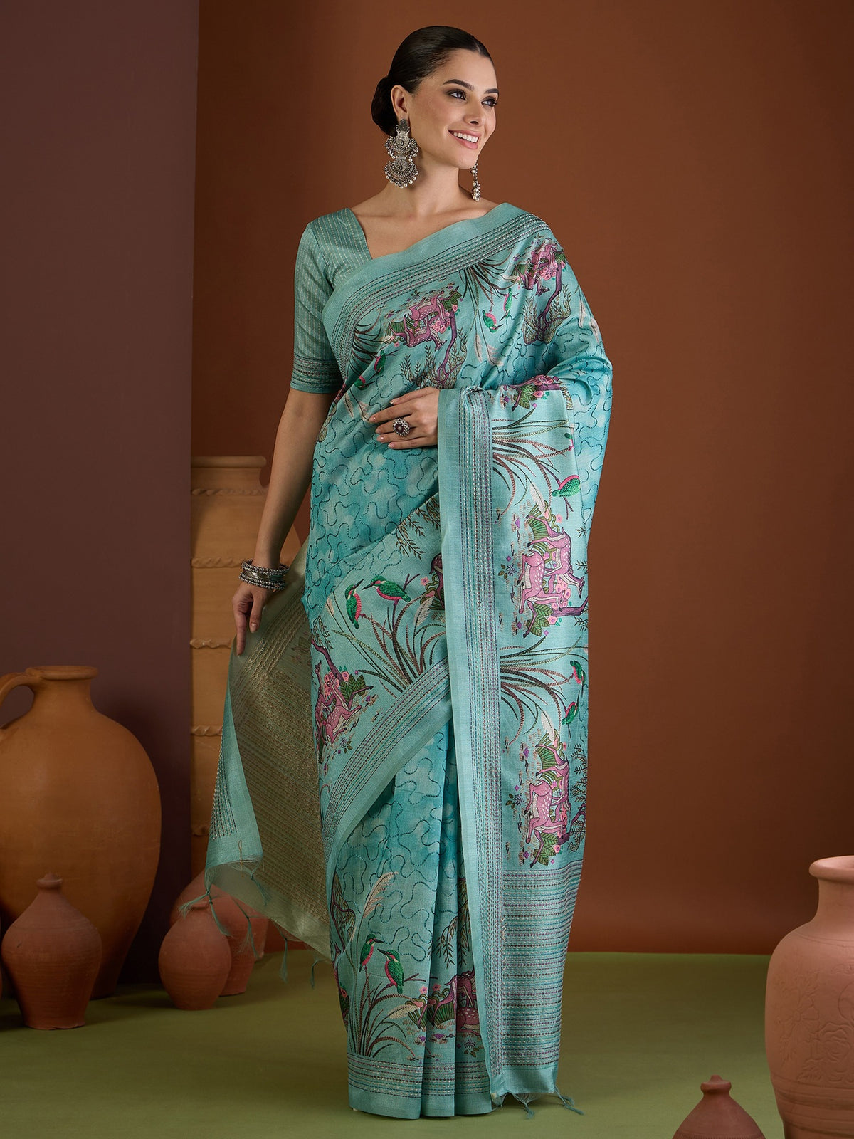Light Blue ethnic motif art silk saree with light blue blouse piece