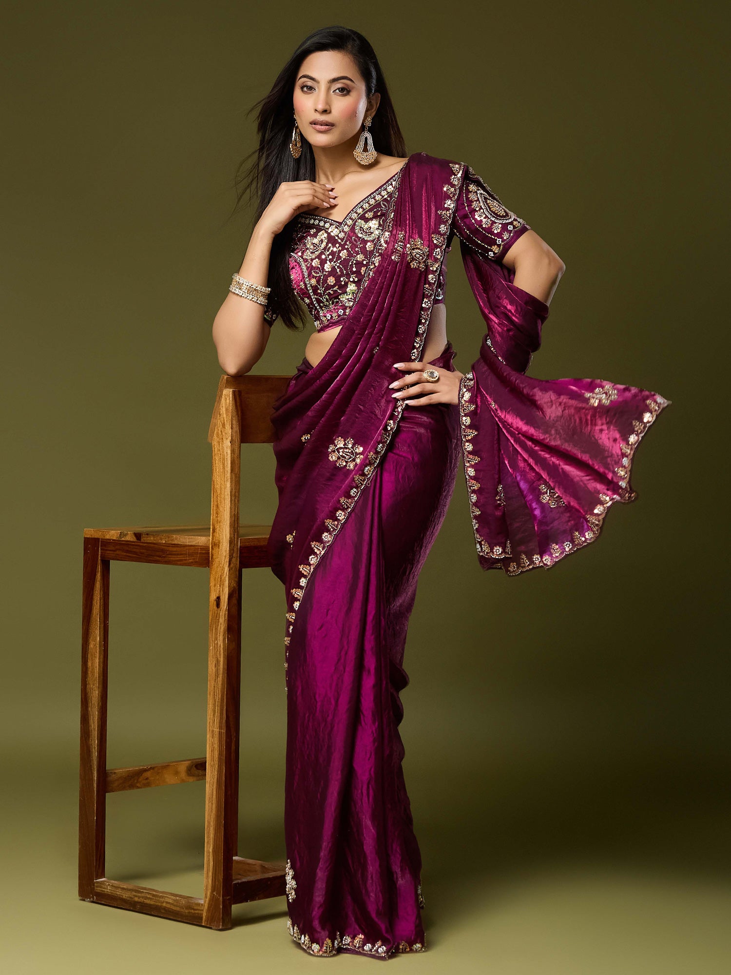 Wine Satin Silk saree – detail view 2