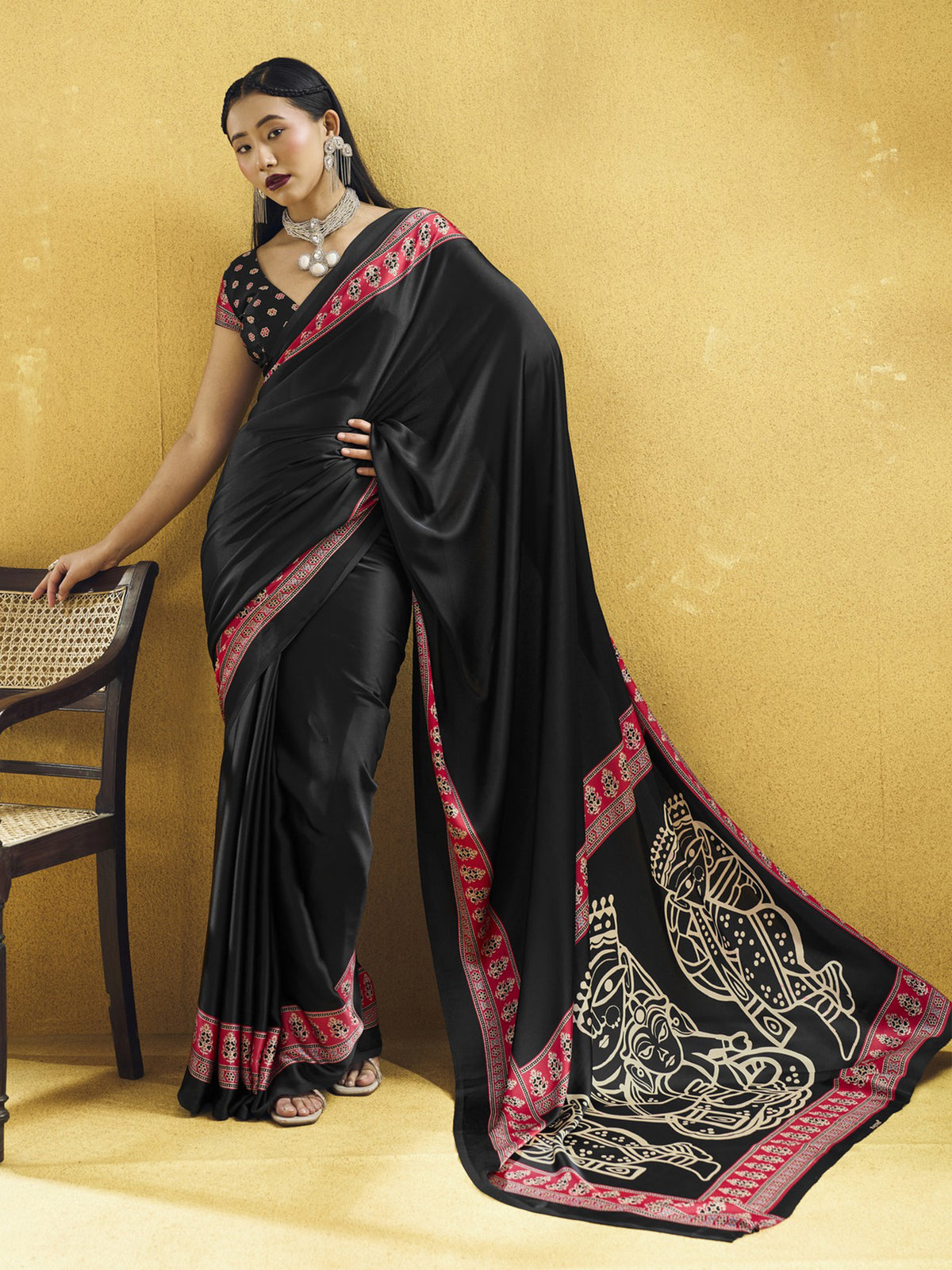 Black ajrak satin saree with black blouse piece
