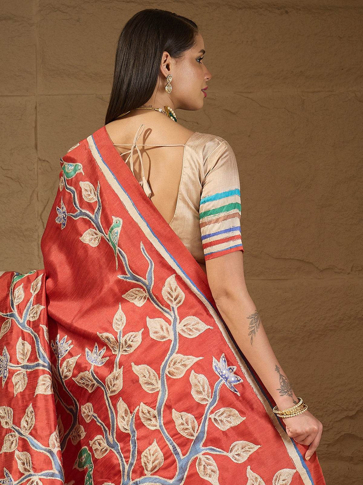 Rust art silk saree view 2