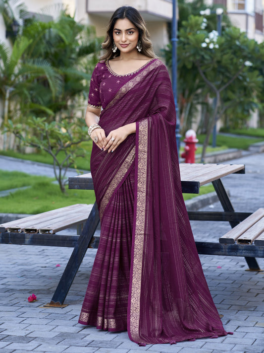 Wine striped jacquard saree with wine blouse piece