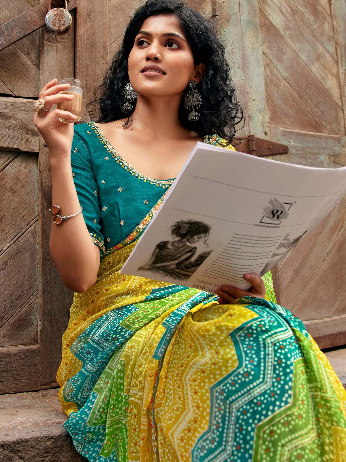 Yellow georgette saree view 1
