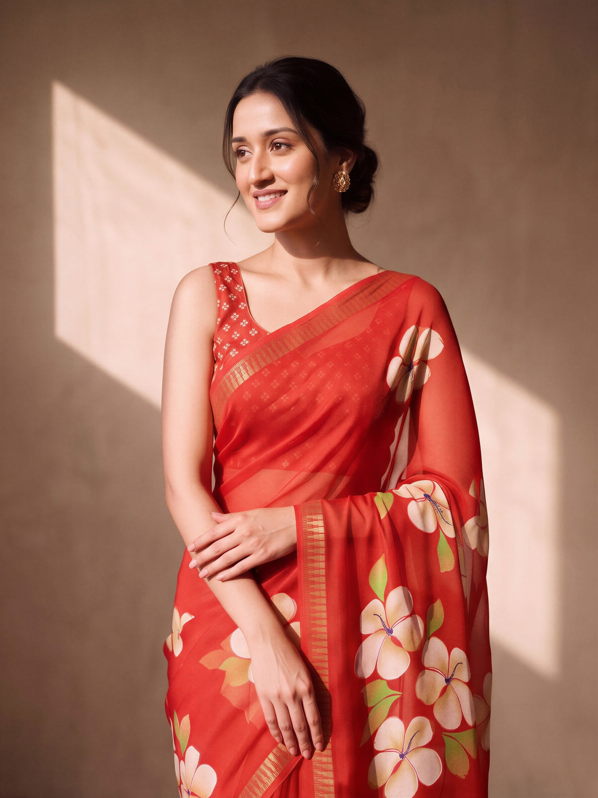 Red Georgette saree – detail view 4