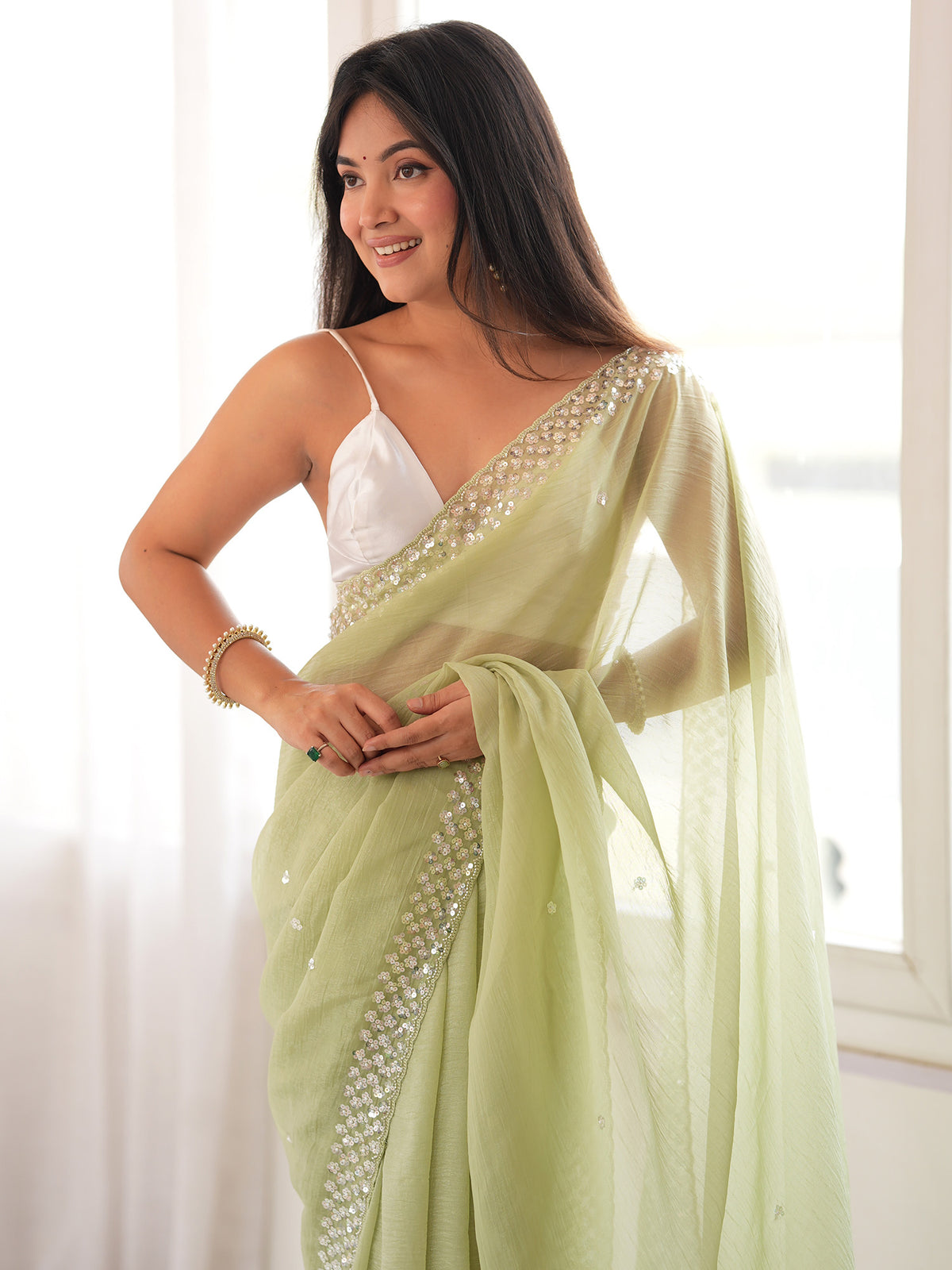 Mint Green Georgette saree – detail view 1