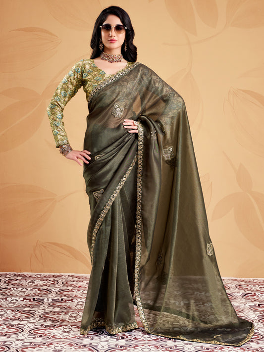 Woman wearing olive tissue saree with ornamented surface design and light green blouse