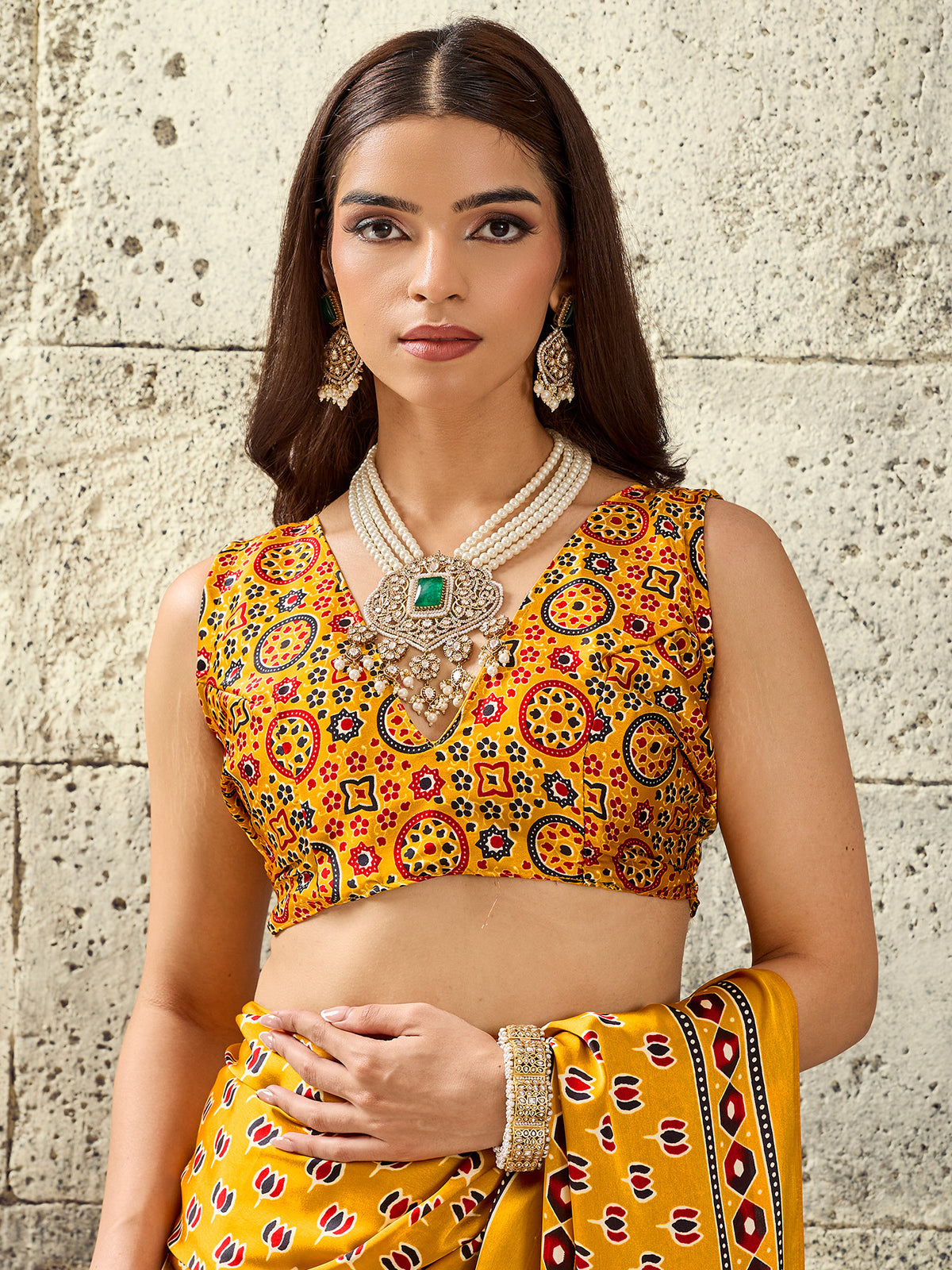 Unstitched mustard satin blouse piece with ajrak design