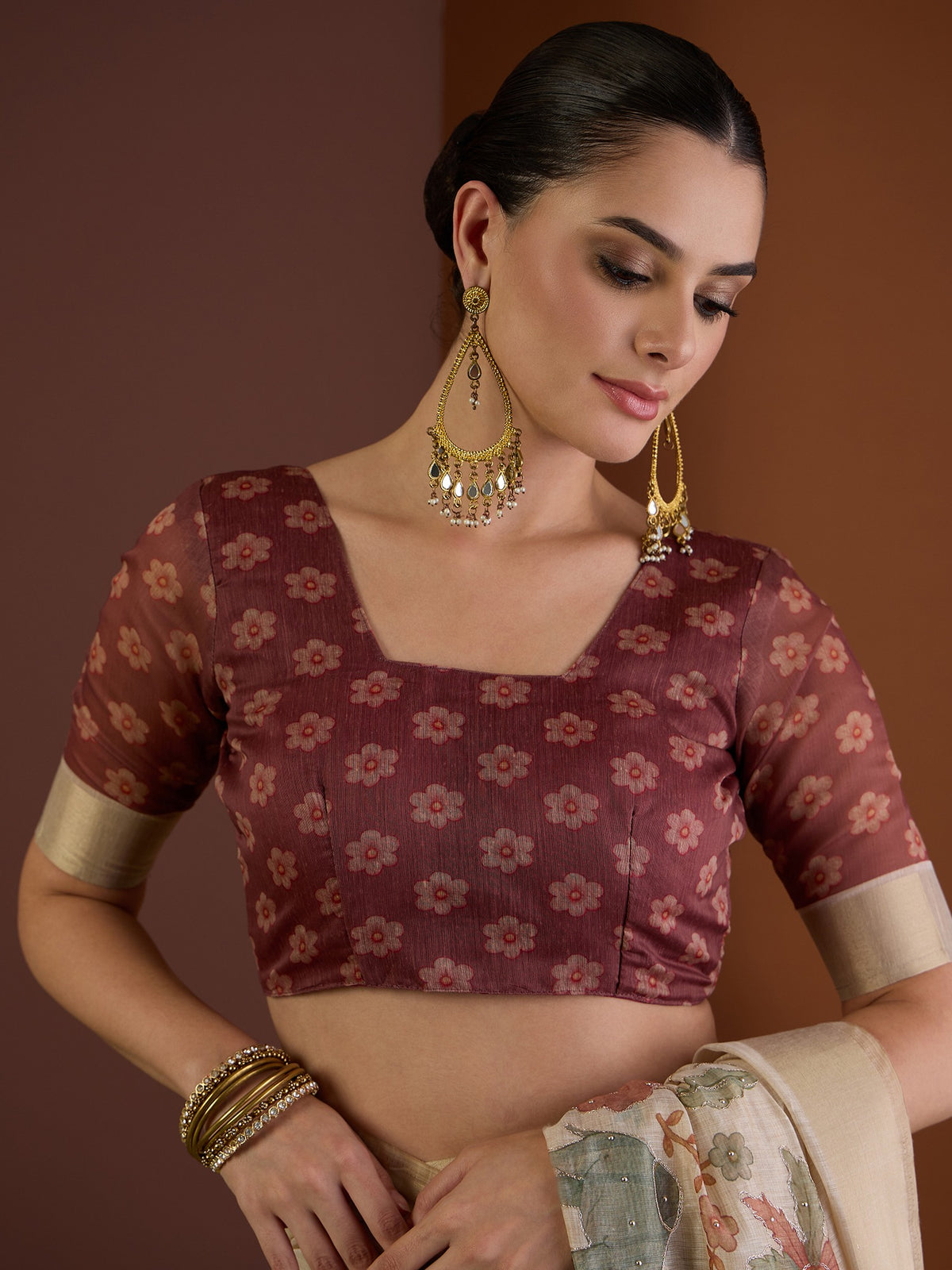 Beige linen blend saree view 1