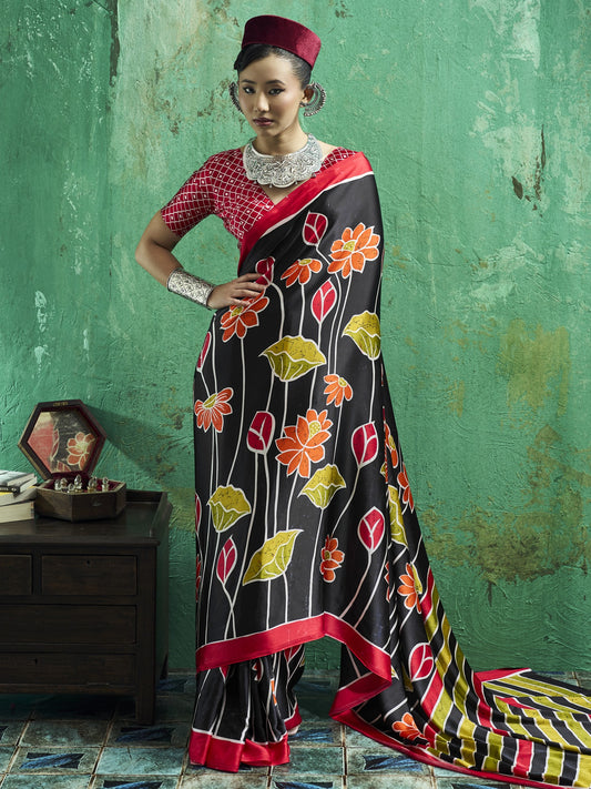 Black floral satin saree with red blouse piece