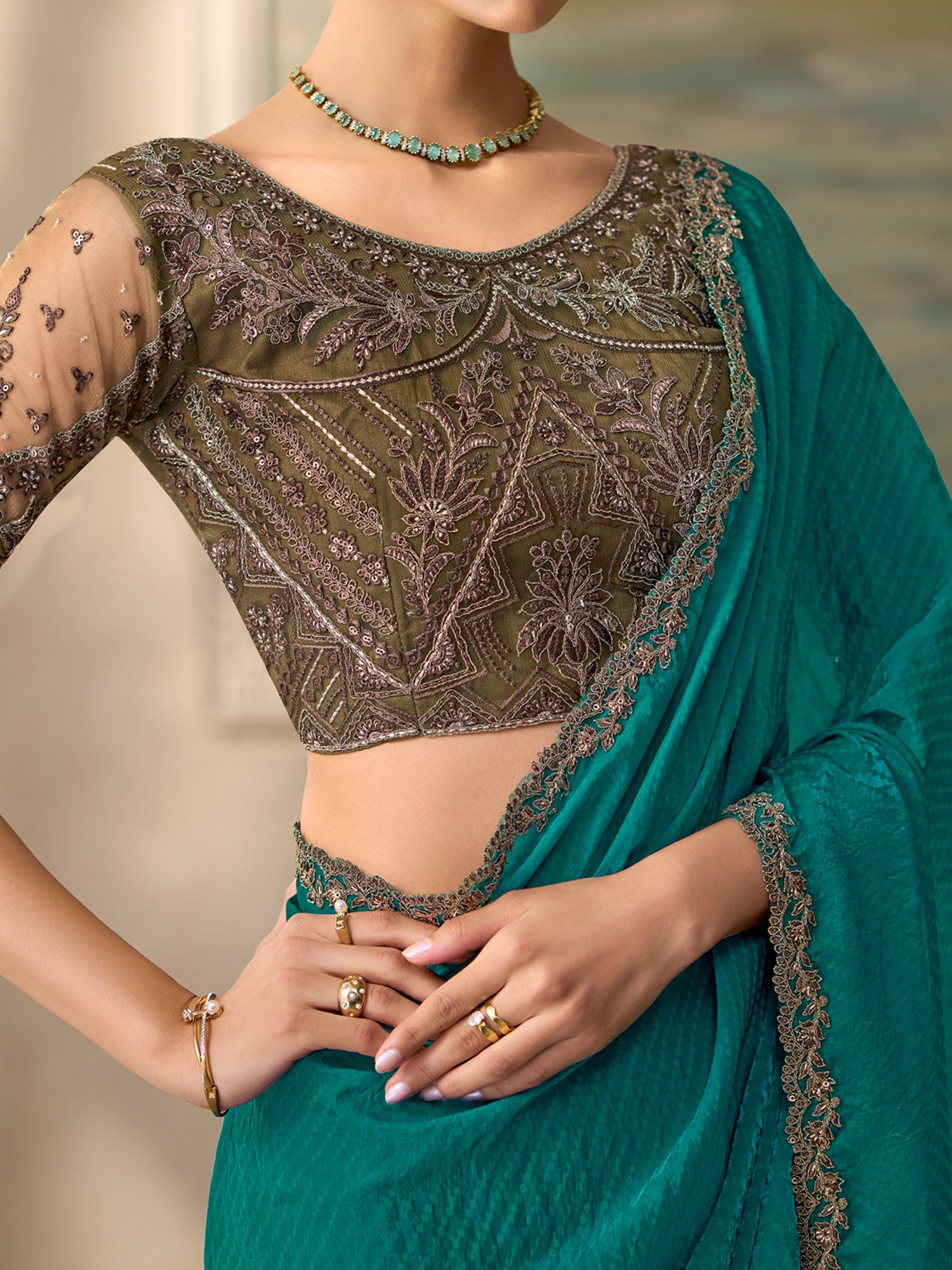 Teal Green Satin Silk saree – detail view 3