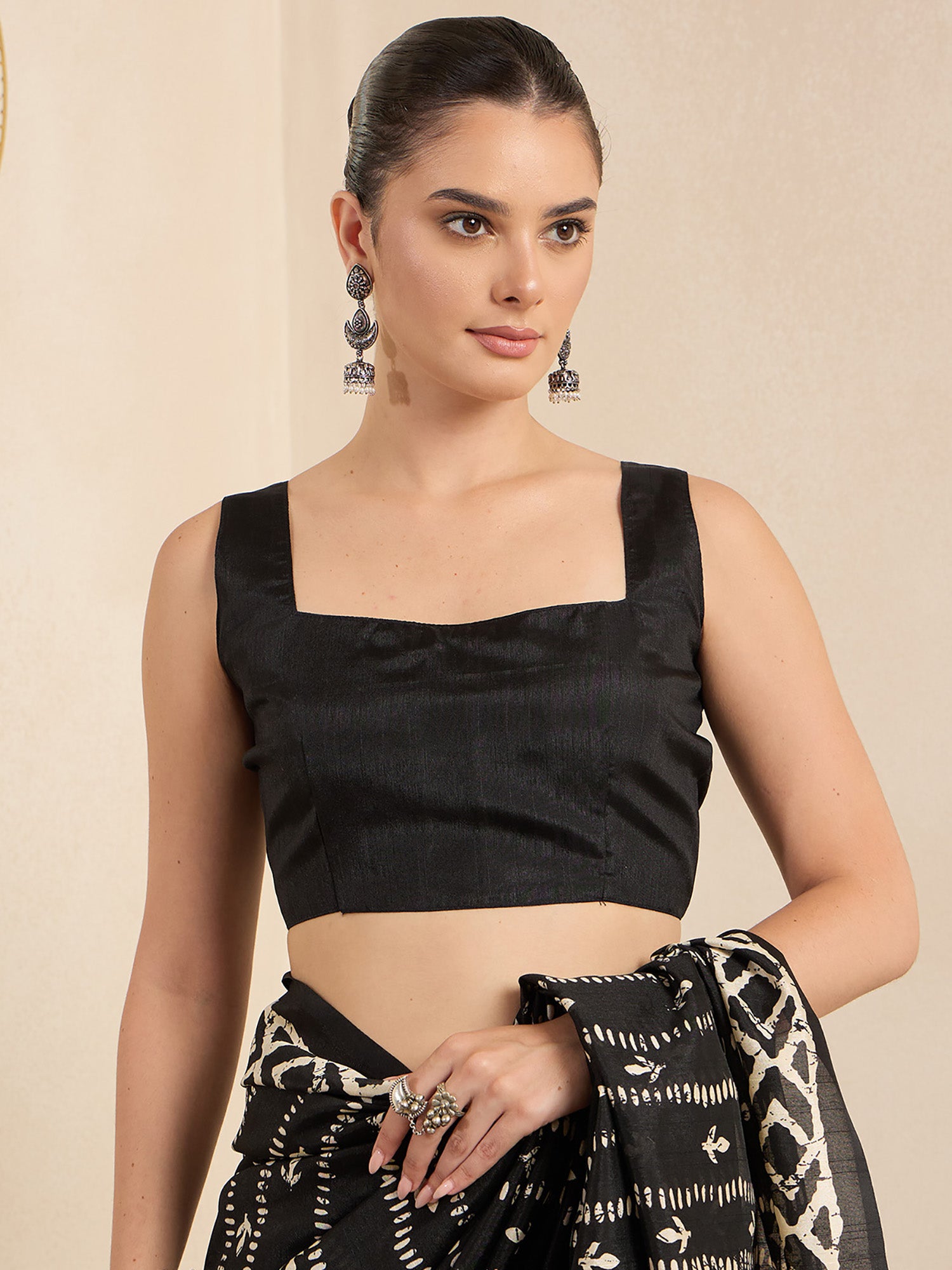Unstitched black bhagalpuri silk blouse piece with solid design