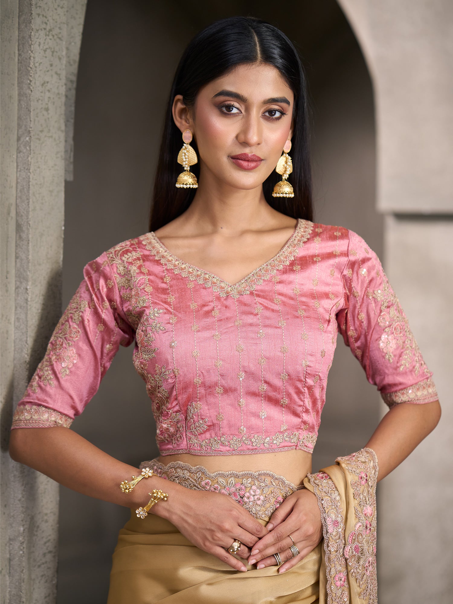 Unstitched pink banglori silk blouse piece with embellished design