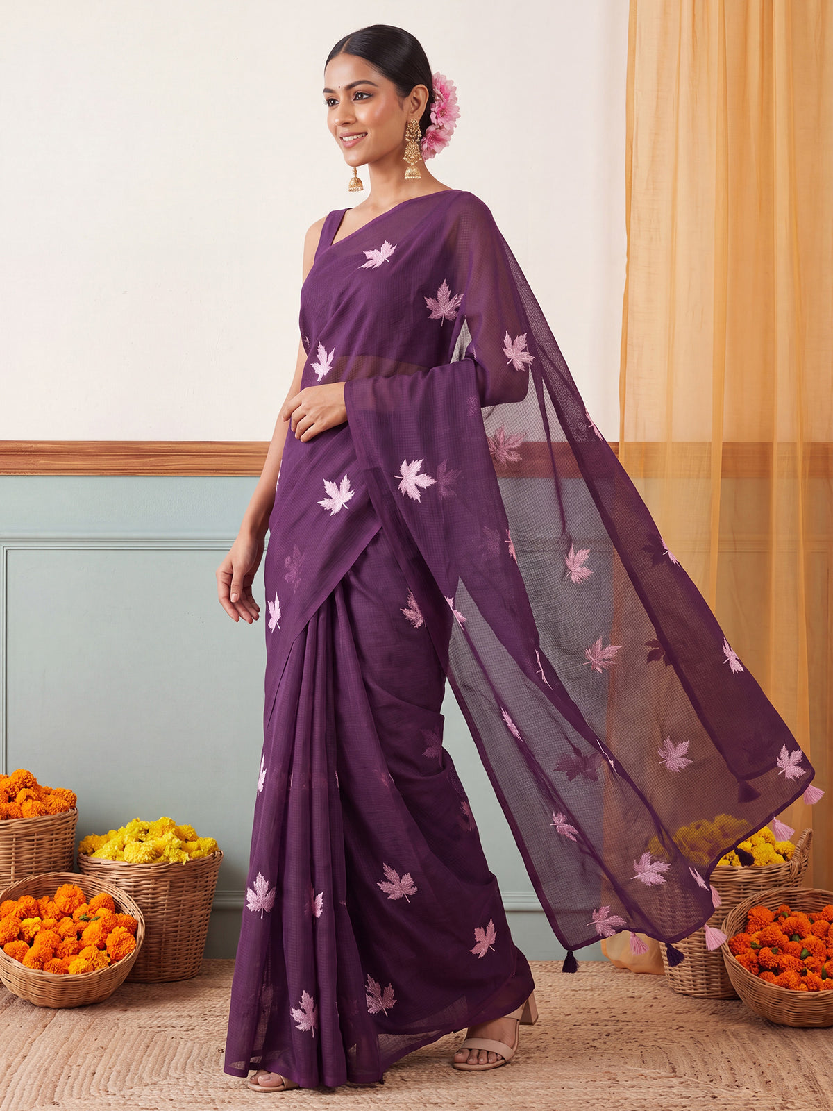 Wine Kota Doria Cotton saree – detail view 3