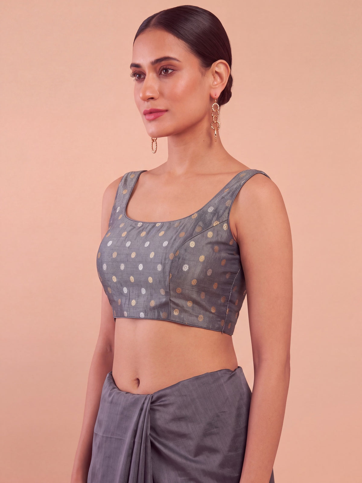 Charcoal Grey zari woven georgette sleeveless readymade saree blouse with round neck view 3