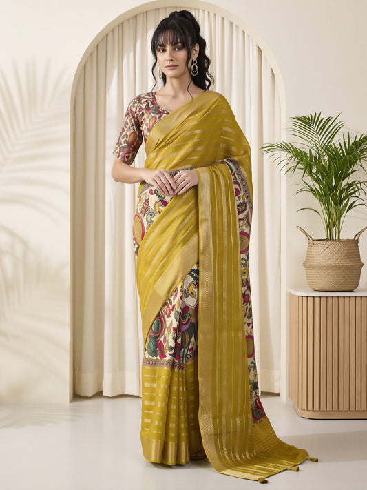 Woman wearing mustard viscose silk saree with kalamkari narrative motif work and multicolored blouse