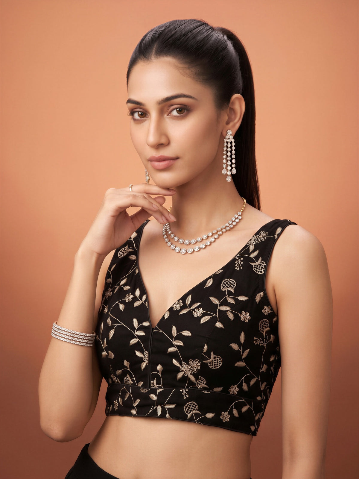 Black sequin embellished silk blend sleeveless readymade saree blouse with v neck view 3