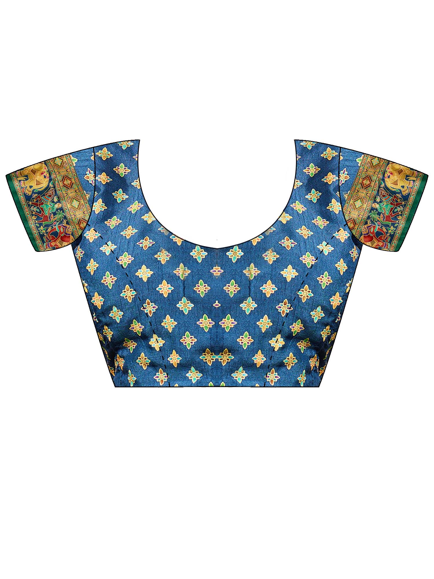 Unstitched teal blue viscose blouse piece with ethnic motif design