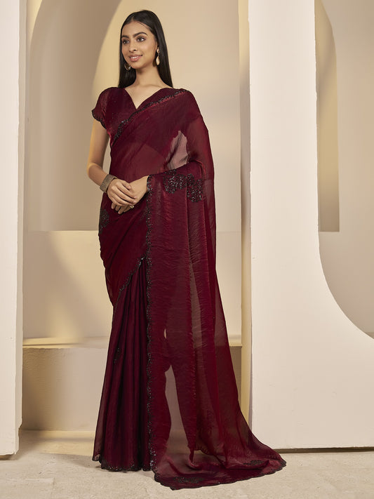 Maroon embellished satin silk saree with maroon blouse piece