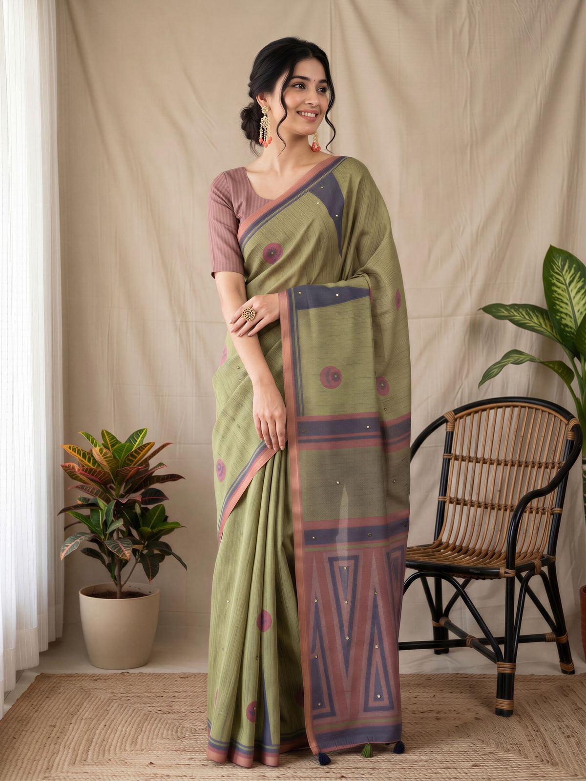 Olive Linen Blend saree – detail view 3