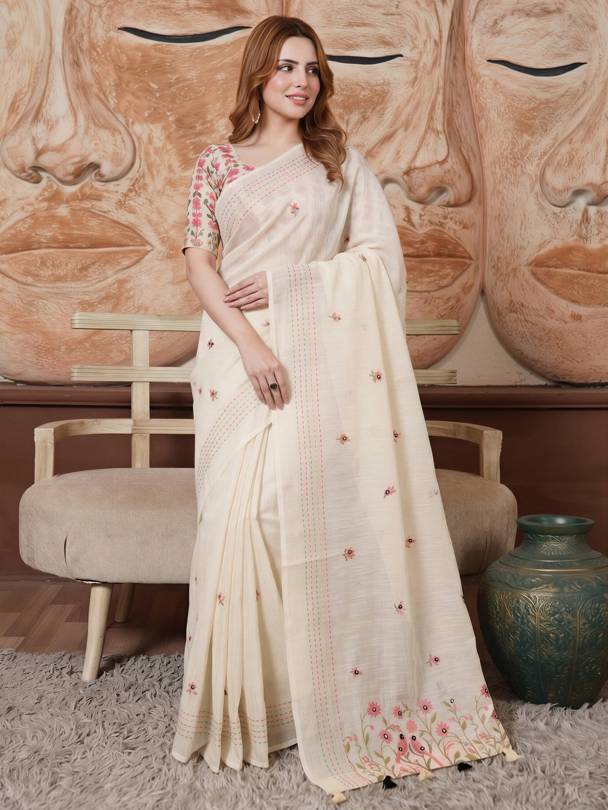 Cream embroidered linen saree with pink blouse piece