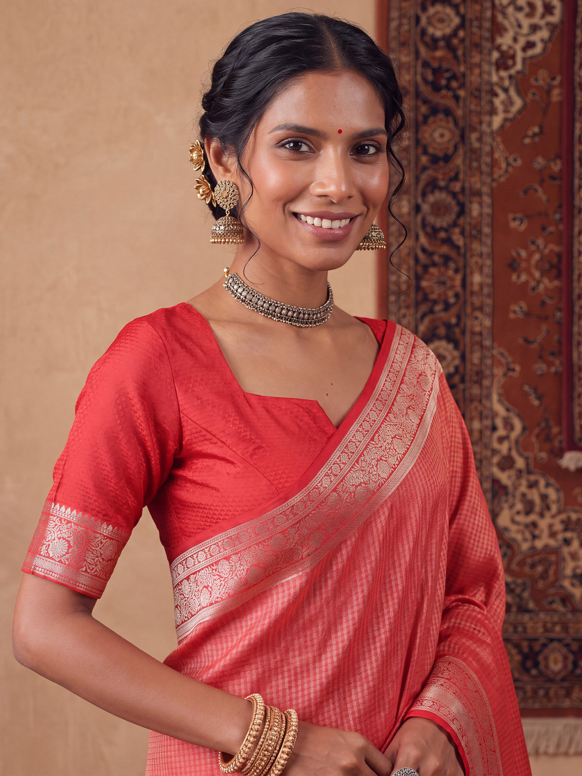 Red Satin Silk saree – detail view 4