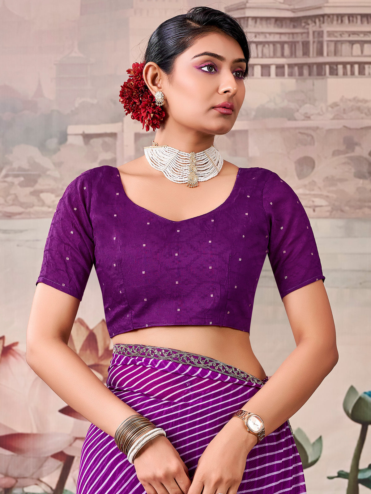 Unstitched purple georgette blouse piece with zari butta design