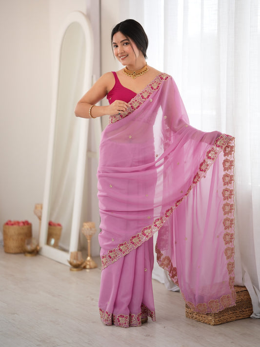 Pink Georgette saree – detail view 1
