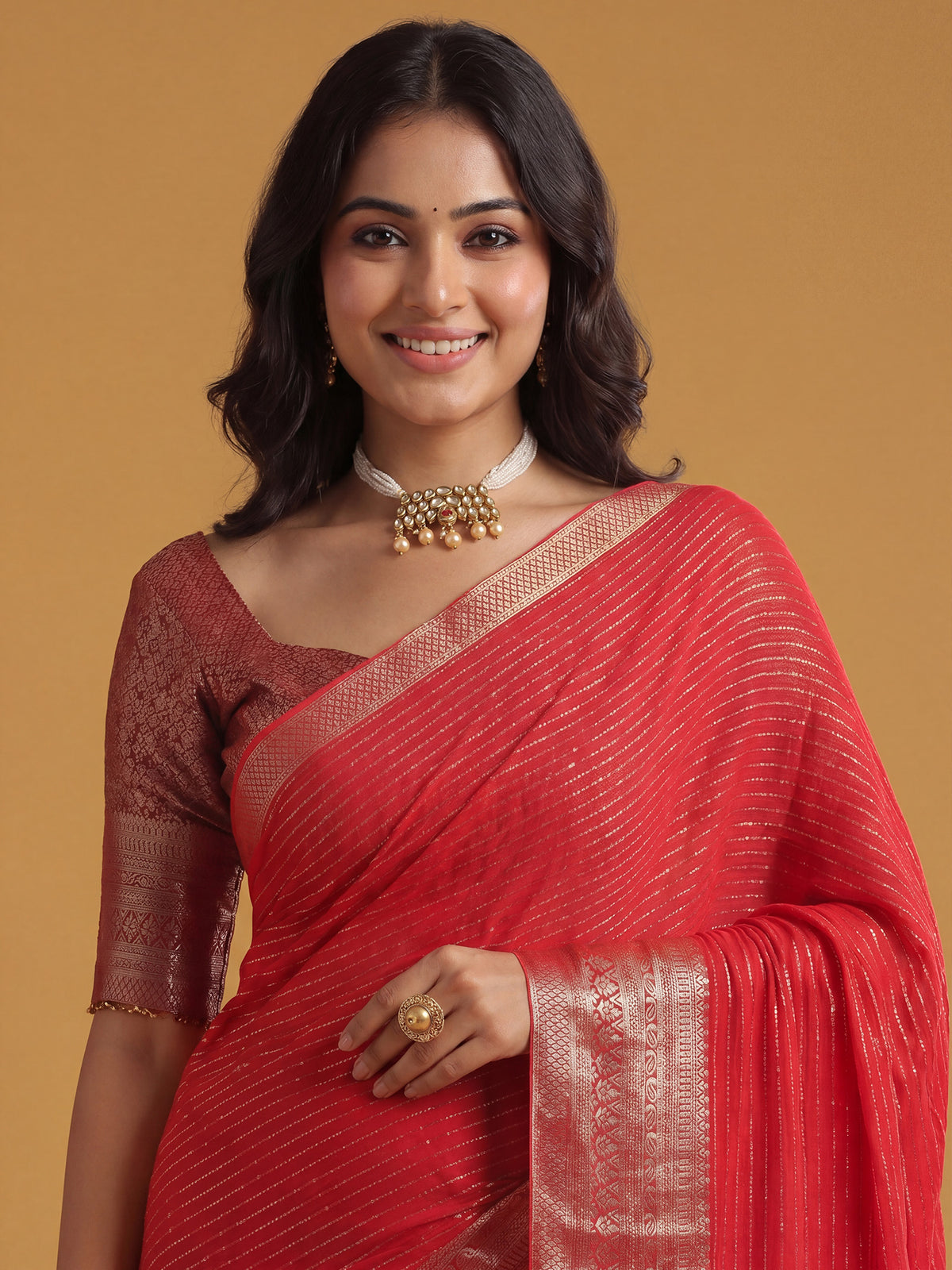 Red Chiffon saree – detail view 4