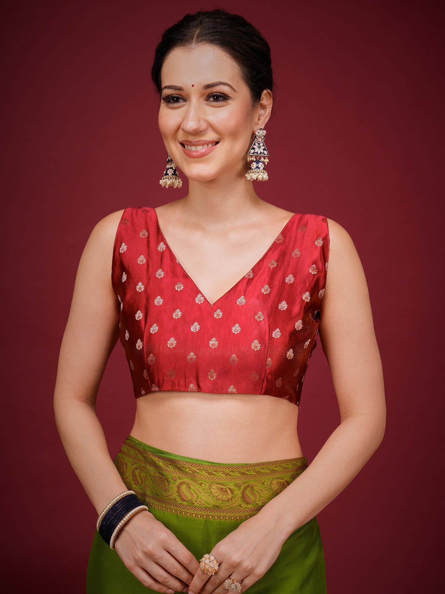 Unstitched red mysore silk blouse piece with zari butta design