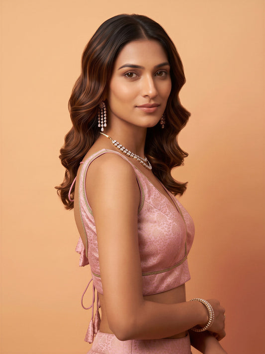 Pink woven brocade silk blend sleeveless readymade saree blouse with deep v neck view 1