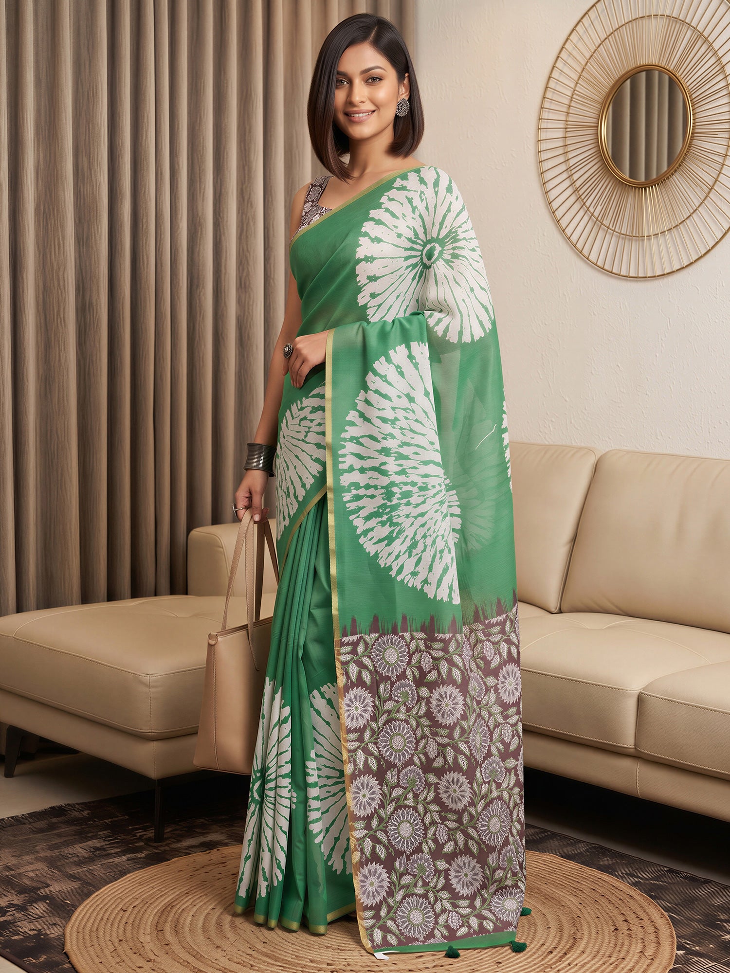 Woman wearing light green cotton blend saree with shibori resist-dye pattern and multicolored blouse