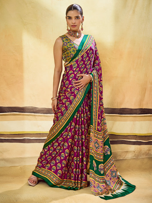 Woman wearing purple satin saree with ajrak block-print motif work and mustard blouse